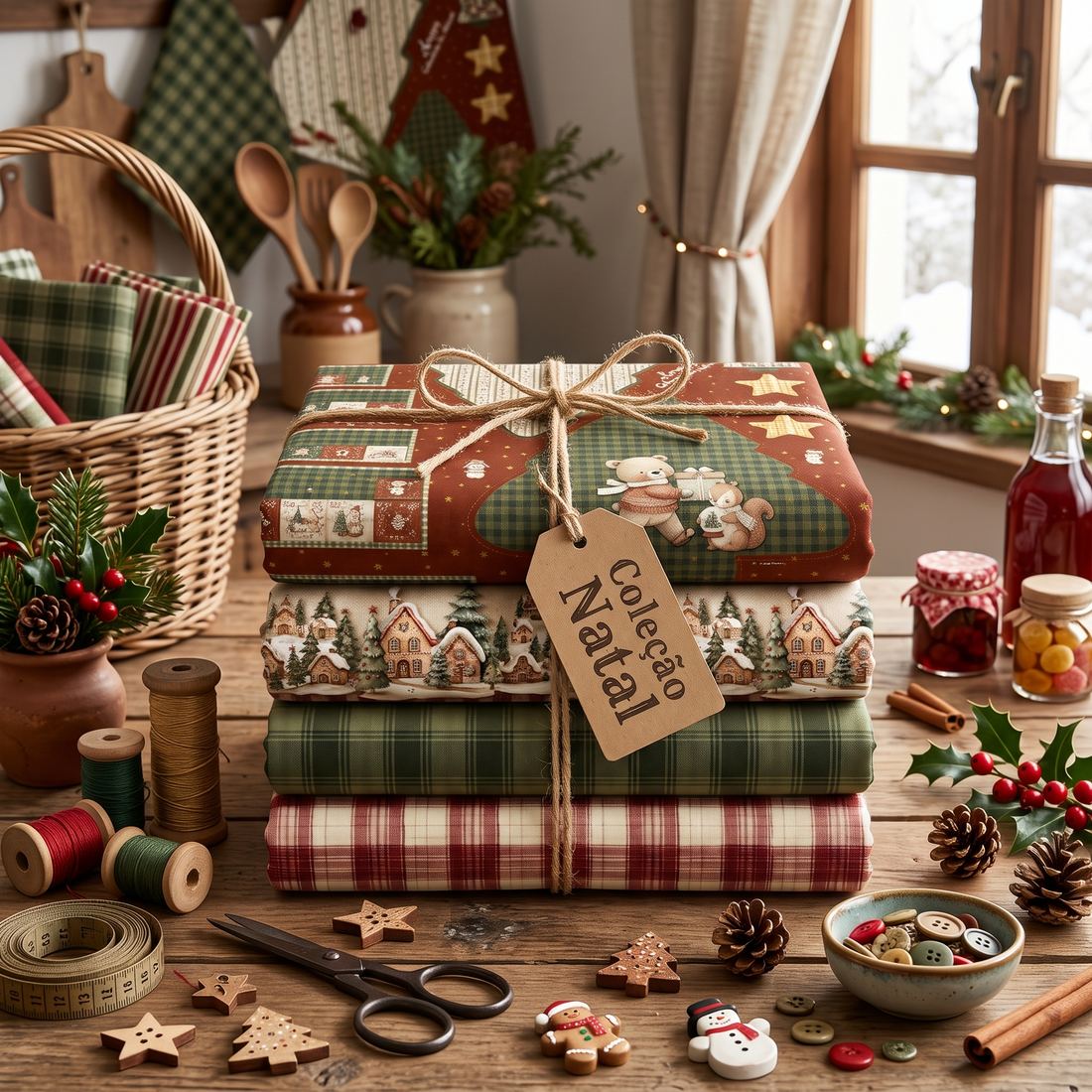 Kit de tecidos da Coleção Natal Cris Mazzer amarrado com barbante, com estampas xadrez, vilarejo de Natal e painel